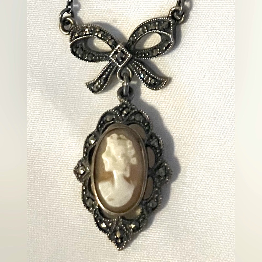 Hematite Cameo Pendant 18” Black Chain